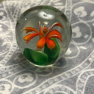 Orange and Green Glass Art Flower paperweight